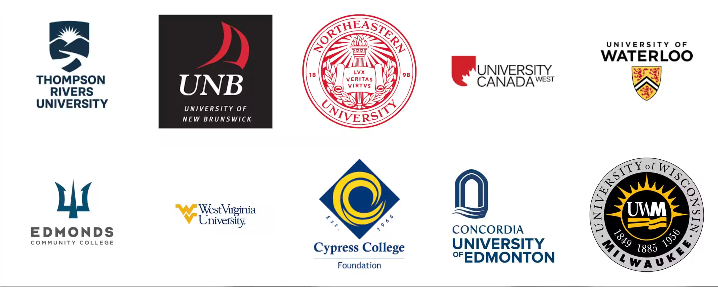 Partner universities including Thompson Rivers, University of New Brunswick, Northeastern, University Canada West, Waterloo, Concordia University of Edmonton and Wisconsin–Milwaukee