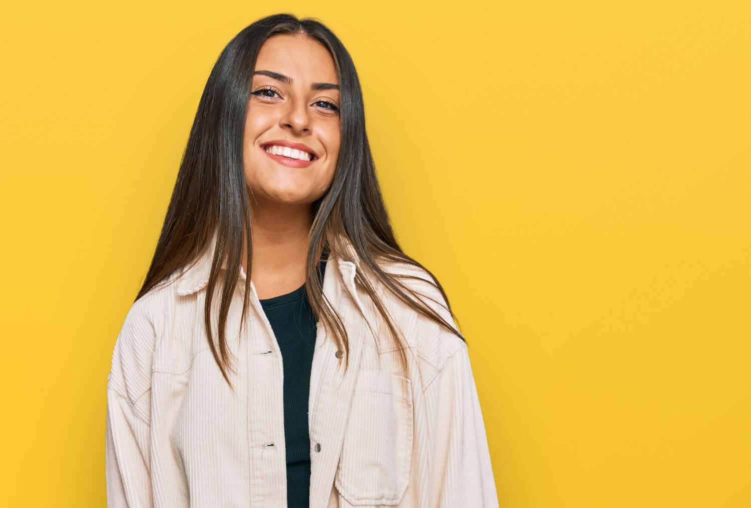 beautiful hispanic woman wearing casual clothes looking positive happy standing smiling with confident smile showing teeth 1